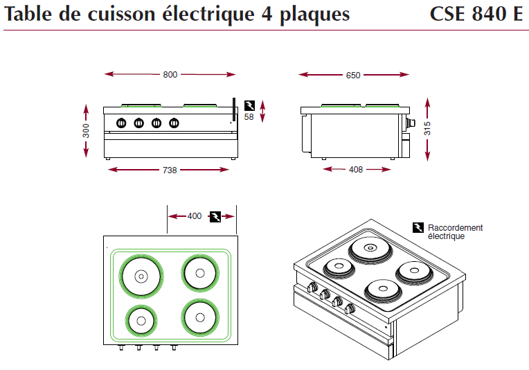 Dimensions de la table électrique Ambassade CSE840E